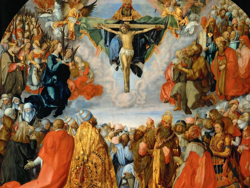 La Adoración de la Trinidad de Durero, con los santos y la Virgen en torno a Dios, imagen de la Guía de Santos y Oraciones