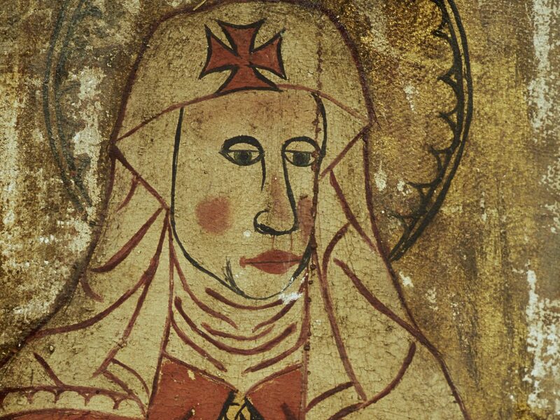 Santa Brígida de Suecia con su toca de cruz roja y un libro, en un retablo sueco medieval
