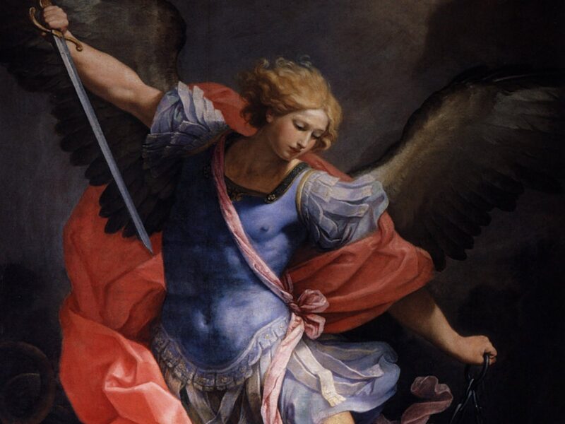 San Miguel Arcángel con la espada en alto venciendo a Satanás, pintado por Guido Reni